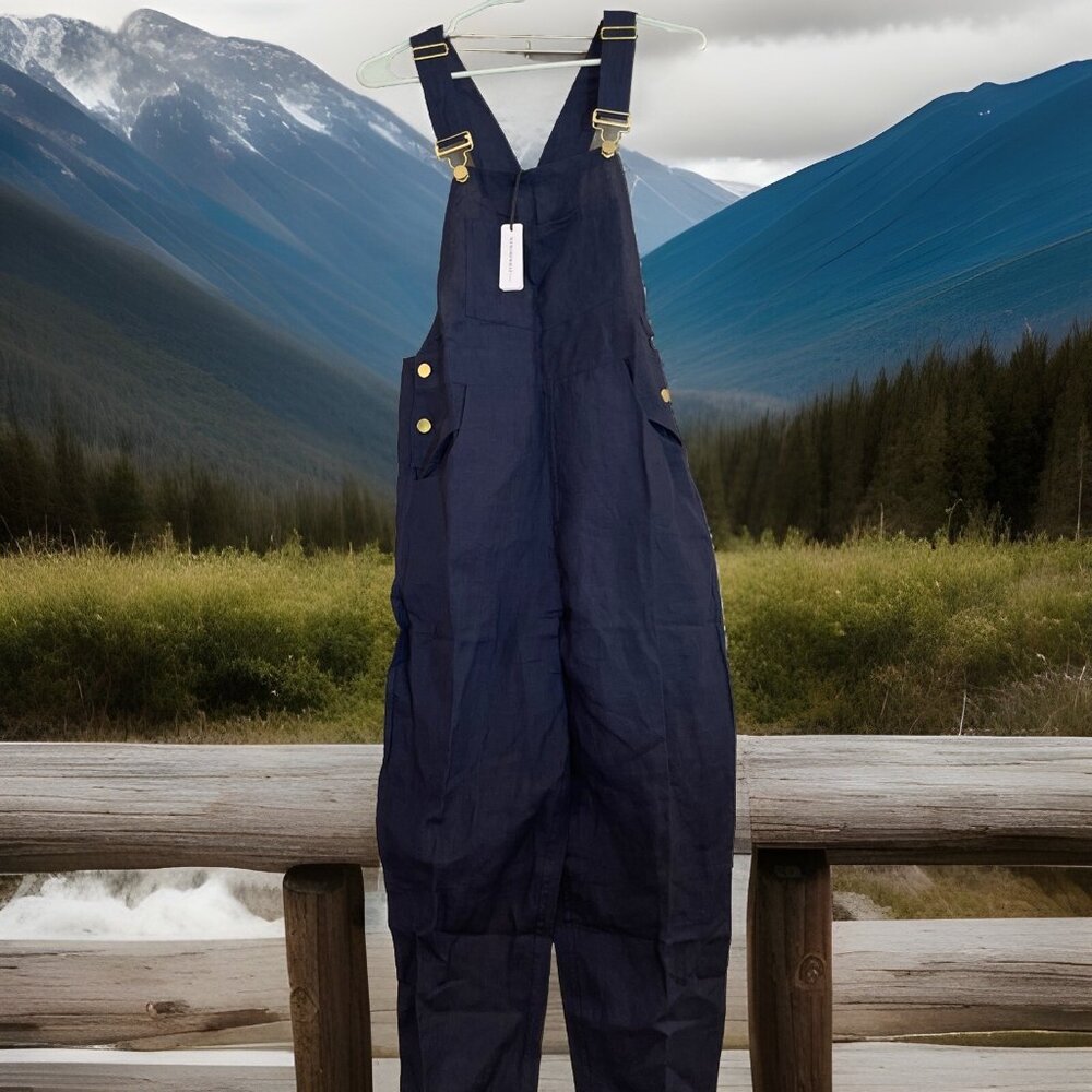 NWT We Wore What Overalls 100% Linen Navy Blue Women XS Baggy Barrel Leg‎ $178